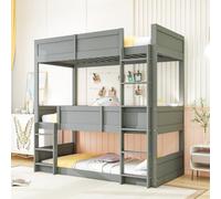 MUZHIXIANG Cama triple de madera maciza que ahorra espacio, con somier, alta seguridad, para habitación de los niños y hermanos, color gris + madera + 90 cm x 200 cm