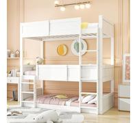 MUZHIXIANG Cama triple de madera maciza que ahorra espacio, con somier de láminas de alta seguridad para habitaciones infantiles y hermanas, color blanco + madera + 90 cm x 200 cm
