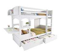 MUZHIXIANG Habitación infantil de madera maciza litera con estante de escritorio plegable, 2 cajones, escalera de almacenamiento y somieres sin colchón