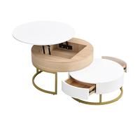 MUZHIXIANG Juego de mesa de café de 2 piezas con cajones y espacio de almacenamiento, mesa de juego ajustable en altura para trabajar, comer y vivir, color blanco y madera