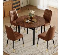 MUZHIXIANG Juego de mesa de comedor redonda con 2 sillas, moderno, minimalista, ahorra espacio, para cocina, comedor, estable, cómoda, fácil de limpiar (marrón+negro + tela + MDF+metal + asientos 4)