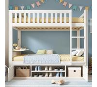 MUZHIXIANG Litera con armario de escaleras y espacio de almacenamiento, barandilla de seguridad, cama para hermanos que ahorra espacio, funcional y moderna (blanco + madera + 90 cm x 200 cm - 4)