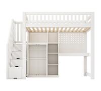 MUZHIXIANG Litera con armario de escaleras y espacio de almacenamiento, barandilla de seguridad, cama para hermanos que ahorra espacio, funcional y moderna (blanco + madera + 90 cm x 200 cm - 3)