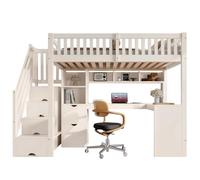 MUZHIXIANG Litera con armario de escaleras y espacio de almacenamiento, barandilla de seguridad, cama para hermanos que ahorra espacio, funcional y moderna (blanco + madera + 90 cm x 200 cm - 2)