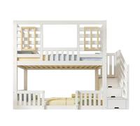 MUZHIXIANG Litera con armario de escaleras y espacio de almacenamiento, barandilla de seguridad, cama para hermanos que ahorra espacio, funcional y moderna (blanco + madera + 90 cm x 200 cm - 5)
