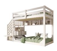 MUZHIXIANG Litera con armario de escaleras y espacio de almacenamiento, barandilla de seguridad, cama para hermanos que ahorra espacio, funcional y moderna (blanco + madera + 90 cm x 200 cm - 1)
