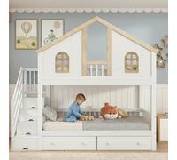 MUZHIXIANG Litera con ventana y espacio de almacenamiento, con 4 estantes, dos cajones de madera de pino MDF