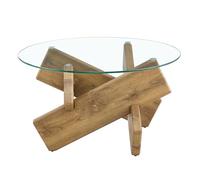 MUZHIXIANG Mesa de centro redonda de MDF y cristal, mesa auxiliar estable para salón, elegante diseño cruzado para té, café, decoración y objetos cotidianos (marrón)