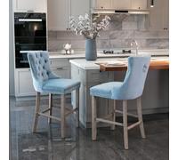 MUZHIXIANG Moderna silla de bar de terciopelo con diseño de botones, elegantes barras con patas de madera cromadas para asientos de bar en casa (azul claro, terciopelo + espuma)