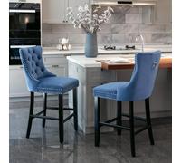 MUZHIXIANG Moderna silla de bar de terciopelo con diseño de botones, elegantes barras con patas de madera cromadas para asientos de bar en casa (azul + terciopelo + espuma)