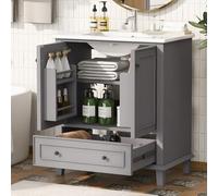 MUZHIXIANG Mueble de baño de pie con lavabo de cerámica con patas de madera maciza, lacado completo, mucho espacio de almacenamiento para baño (gris + cerámica + tablero de fibra de densidad media)