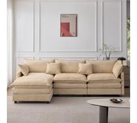 MUZHIXIANG Sofá esquinero modular de chenilla de 3 plazas L con chaise longue y taburete para sala de estar pequeños apartamentos y familias confort salón (café claro + chenilla + 3 asientos + moderno