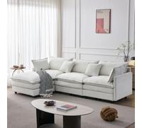 MUZHIXIANG Sofá esquinero modular de chenilla de 3 plazas L sofá con chaise longue y taburete para sala de estar pequeños apartamentos y familias confort salón conjunto de asientos (beige + chenilla +