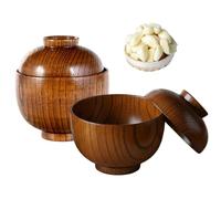Muzrunq Cuencos de Sopa de Miso, 2 Cuencos de Madera de Textura Natural rústica con Tapas para Alimentos, arroz, Sopa, té, decoración de Madera para Alimentos, pequeños.
