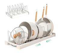 Muzrunq Organizador de olla y sartén, soporte de tapa de olla expandible con 7 compartimentos ajustables, organizador de estante de almacenamiento en forma de U, sartén para salvar el espacio.