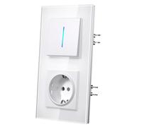 MVAVA Interruptores Conmutador con Garfio,Interruptor pared con Cristal,Basculante Con Pilotitos LED,Fácil Instalación,Conectores de Resortes,1 Gang 2 Vía con Enchufe,157mm Blanco