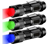 MVIOCS Paquete de 3 linternas pequeñas brillantes de luz roja, verde y azul, mini linterna LED de alto lúmenes con 3 modos, linterna con zoom con clip, linterna para camping, al aire libre, emergencia
