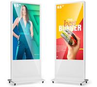 MWE 65 Pulgadas 4K Pantalla Publicidad con 4 Ruedas, Señalización Digital, LCD Monitor Vertical, Sistema Android, Adecuado para Tienda, Restaurante, Centro Comercial, Blanco