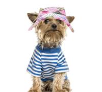 Mwkbbn Sombreros de malla para perros y gatos, gorra de sol porosa de malla con agujeros para las orejas y correa de barbilla ajustable para verano, sombrero de paja para perro, sombrero tejido para