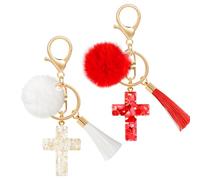 MWOOT 2 Piezas Llaveros Cruz de Pompon Borlas, Cute Cristiano Llavero Colgante Cruz Decorativas, Cross Llavero Coche Mujer, Keyring Regalo Cristiano Bonitos Cross Keyhain Regalo para Mujer(WT+RD)
