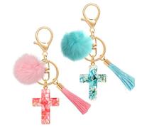 MWOOT 2 Piezas Llaveros Cruz de Pompon Borlas, Cute Cristiano Llavero Colgante Cruz Decorativas, Cross Llavero Coche Mujer, Keyring Regalo Cristiano Bonitos Cross Keyhain Regalo para Mujer(PK+BU)