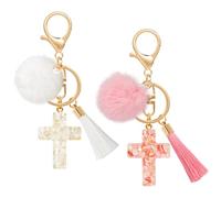 MWOOT 2 Piezas Llaveros Cruz de Pompon Borlas, Cute Cristiano Llavero Colgante Cruz Decorativas, Cruz Llavero Coche Mujer, Cruz Llaveros Regalo Cristiano Bonitos Cross Keyhain Regalo para Mujer
