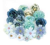 MWOOT 20 piezas flores artificiales, cabezas de flores rosas peonías artificiales, pequeña flor falsa decoración para bricolaje, ramo de corona, boda, fiesta, festival casa, jardín, artesanía(azul)