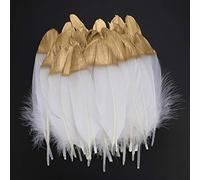 Mwoot 40pcs Plumas blancas naturales con punta empapada en oro, artesanía natural Plumas de ganso, para decoración de aretes, atrapasueños bricolaje, Boda, Disfraces Hats
