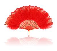 MWOOT Abanico de plumas de marabú bordado - Abanico de mano para disfraces, Halloween, baile, espectáculo, fiesta de té, decoración de boda, color rojo
