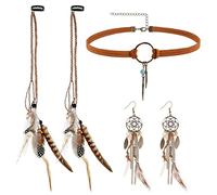 MWOOT Clips de Pelo Pluma, India Pluma Extensiones de Cabello, Collar de Gargantilla de Cuero Marrón, Pendientes Atrapasueños Colgante, Bohemios Retro Joyería Set para Mujer Fiesta de Disfraces