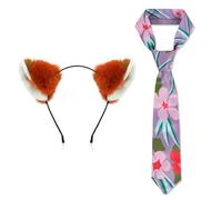 MWOOT Disfraz Zorro, Diadema de orejas de zorro,conjunto de diademas de orejas de animal,Diadema de zorro de piel con corbata de flores para Halloween, Cosplay, accesorios de fiesta de cumpleaños