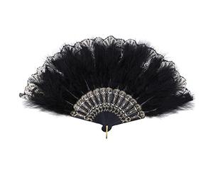 MWOOT Embroidered Flower Marabou Feather Fan, 1920s Vintage Style Folding Handheld Feather Fan, Flapper Hand Fan for Costume Halloween Dancing Wedding Party Prom Tea Party - Black