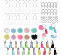 MWOOT Juego de 150 llaveros acrílicos transparentes redondos, con discos acrílicos de círculo, llaveros y colgantes de borlas pompones, ojales de tornillo, anillos de salto para manualidades