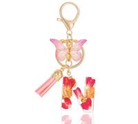 MWOOT Letter Keychain Llavero con Inicial,Pétalos de Resina Lámina de Oro Keyring con Mariposa Borla Colgante,Rosa Moda Alfabeto Llavero Encanto para Mujeres Monedero Bolsos Colgante(N)