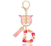 MWOOT Letter Keychain Llavero con Inicial,Pétalos de Resina Lámina de Oro Keyring con Mariposa Borla Colgante,Rosa Moda Alfabeto Llavero Encanto para Mujeres Monedero Bolsos Colgante(D)
