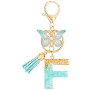 MWOOT Letter Keychains Llavero con Inicial,Lámina de Oro de Resina Keyrings con Mariposa Borla Colgante,Verde Moda Alfabeto Llavero Encanto para Mujeres Monedero Equipaje Bolsos Colgante(F)