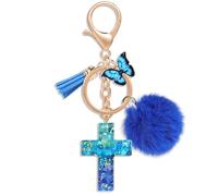 MWOOT Llaveros Cruces Cristianos Biblicos Llaveros Mochilas Bolsos Dijes para Mujeres Niñas Mariposa Peluche Colgante Llaveros, Azul