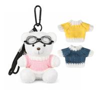 MWOOT Llaveros peluche oso, oso peluche para vestir con 3 conjuntos ropa, llaveros con colgante animal, bonitos adornos para bolsos, manualidades para regalar a mujeres, blanco