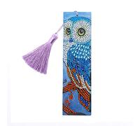 MWOOT Marcadores de Pintura Diamante,Diamond Art Painting Bookmark,Borla de Cuero Marcapáginas Diamante Bordado Manualidades Kit (Búho)