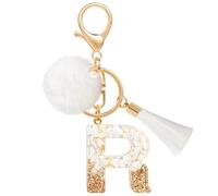 MWOOT Pompon Borlas para Letras Llaveros R, Personalizados Nombre Keychain Mosqueton, Bonitos Cadena Llaveros Casa Regalos para Amigas Keyring Moto Coche Mujer Pack Mochilas Colgante Decorativas