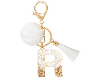 MWOOT Pompon Borlas para Letras Llaveros R, Personalizados Nombre Keychain Mosqueton, Bonitos Cadena Llaveros Casa Regalos para Amigas Keyring Moto Coche Mujer Pack Mochilas Colgante Decorativas