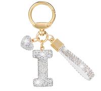 MWOOT Purpurina Estrás Letras Llaveros, Plata Nombre Keychain Mosqueton, Bonitos Cadena Letras Llaveros Regalos para Friends, Keyring Mujer Pack Mochilas Colgante Brillo Decorativas Llaveros(I)
