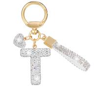 MWOOT Purpurina Estrás Letras Llaveros, Plata Nombre Keychain Mosqueton, Bonitos Cadena Letras Llaveros Regalos para Friends, Keyring Mujer Pack Mochilas Colgante Brillo Decorativas Llaveros(T)