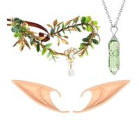 MWOOT Tocado de Elfo Orejas de Elfo Collar con Colgante de Cristal, Corona y Orejas de Hada del Bosque, Disfraz Accessorios de Hada para Carnaval Halloween Renacimiento Cosplay