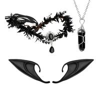 MWOOT Tocado de Elfo Orejas de Elfo Collar con Colgante de Cristal Negro, Corona y Orejas de Hada del Bosque, Disfraz Accessorios de Hada Oscuro para Carnaval Halloween Renacimiento Cosplay