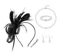 MWOOT Tocados de Plumas para el Pelo, Negro Fascinator Sombrero Retro para Mujer, Collar Pulsera Pendientes de Perlas de Imitación, 1920S Diadema Plumas Flores de Malla para Boda Cóctel Fiesta del Té