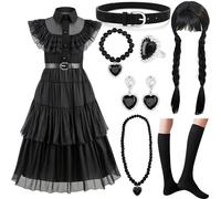 MWZEAUL Disfraz Halloween para Niña, 8pzs. Halloween Disfraz Vestido con Peluca y Accesorios de Joyería, Vestido Costume Niña 8-9 Años para Cumpleaños halloween Carnaval Cosplay Fiesta, 140cm