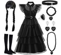 MWZEAUL Disfraz Halloween para Niñas, 8pcs Conjunto de Vestido Gótico Princesa con Peluca Bisutería Calcetines Cinturones, Disfraz Princesa Negro Niña para Halloween Carnaval Fiesta, para 4 a 5 Años