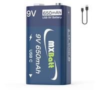 MXBatt Pila 9V Recargable Litio Gran Capacidad de 650mah,USB C Pila 9V 800 Ciclos para Detectores de Humo, Linternas, Guitarras, Juguetes Electrónicos, Walkie Talkies, con Type C Cable