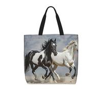 MXDLKSWPOH Bolsa de mano reutilizable para comestibles, bolsas de compras de flamencos, bolsa de hombro casual de gran capacidad, Caballos blancos y negros corriendo, Talla única